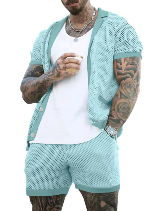 Short-sleeved shorts Knit lapel cardigan Short-sleeved men's suit - Image 3