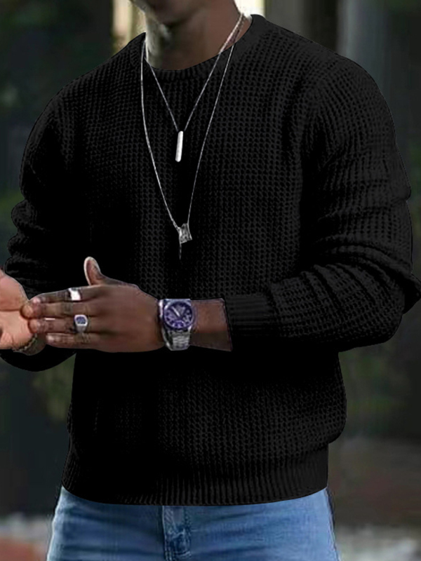 New men's solid color waffle all-match thin round neck long-sleeved sweater - Image 6
