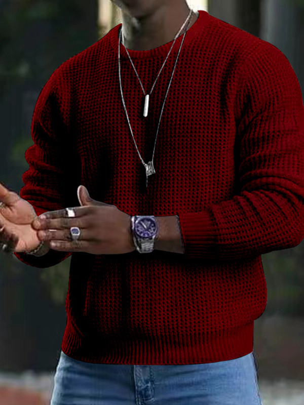 New men's solid color waffle all-match thin round neck long-sleeved sweater - Image 7