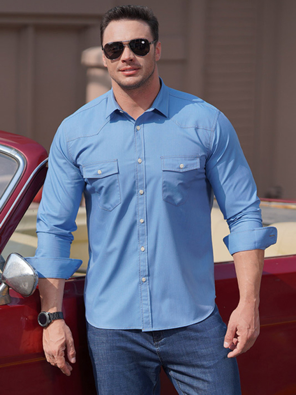 New Plus Size Men's Stretch Denim Long Sleeve Multi Pocket Shirt - Image 5