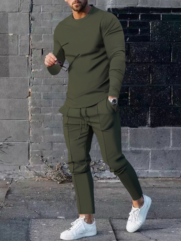 New Men's Two-piece Set Round Neck Long Sleeve T-Shirt Trousers Casual Sports Suit - Image 2