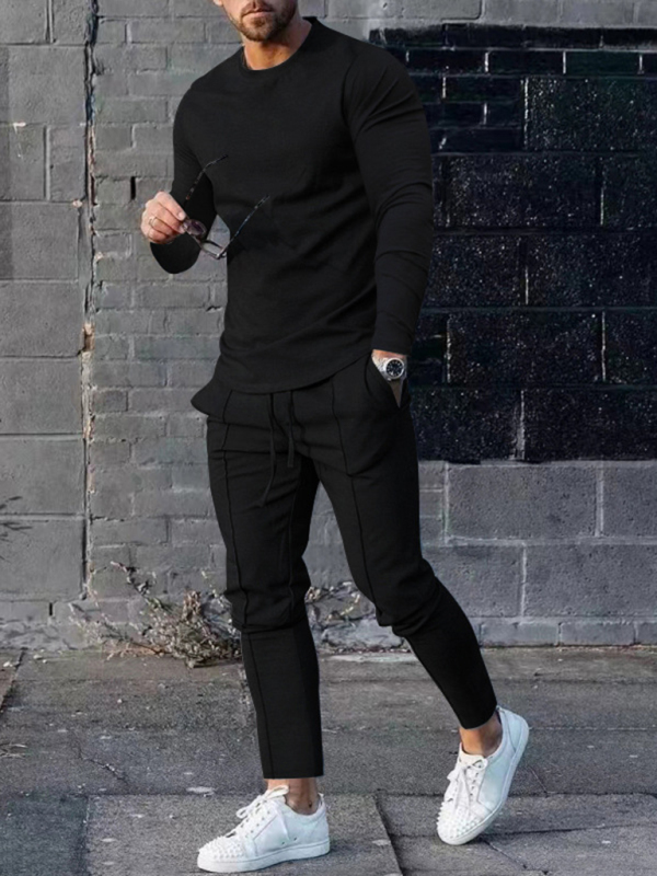 New Men's Two-piece Set Round Neck Long Sleeve T-Shirt Trousers Casual Sports Suit - Image 6