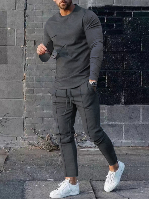 New Men's Two-piece Set Round Neck Long Sleeve T-Shirt Trousers Casual Sports Suit - Image 4