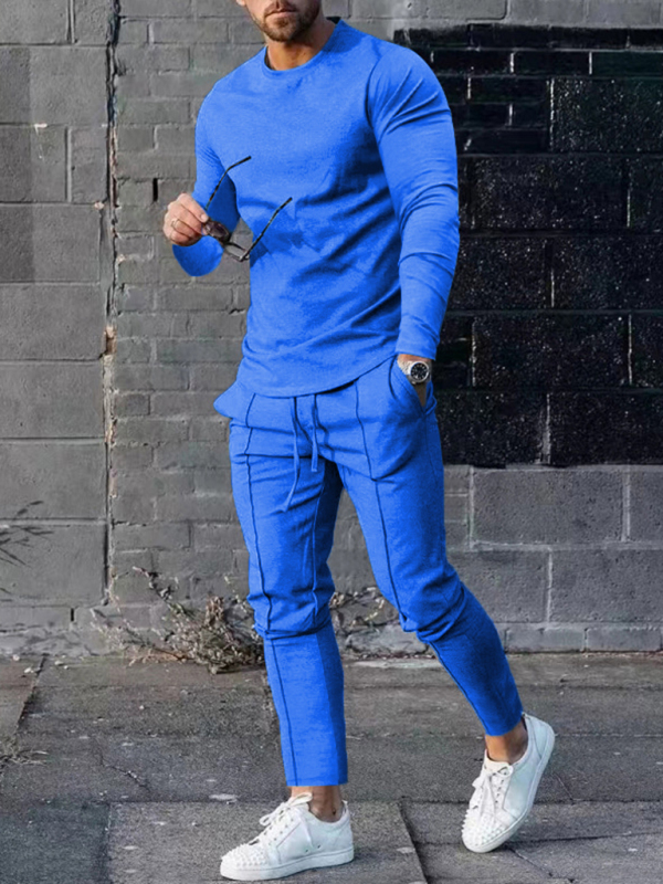 New Men's Two-piece Set Round Neck Long Sleeve T-Shirt Trousers Casual Sports Suit - Image 5