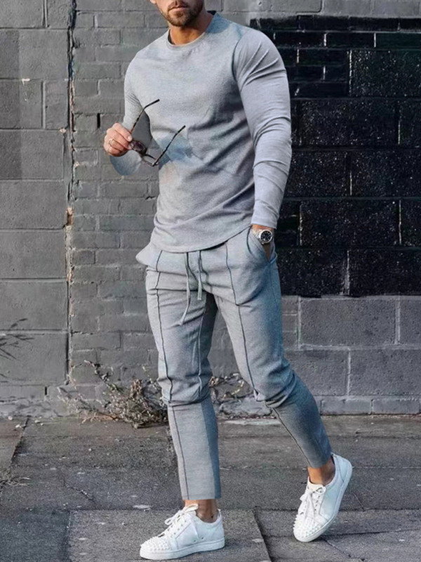 New Men's Two-piece Set Round Neck Long Sleeve T-Shirt Trousers Casual Sports Suit - Image 3