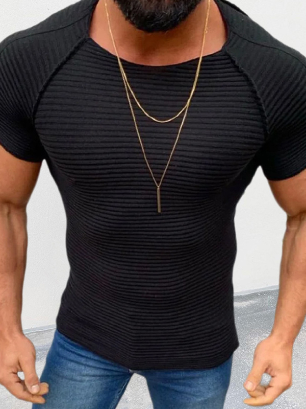 Men's new solid color slim round neck short-sleeved knitted top - Image 2