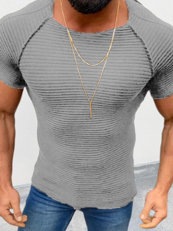 Men's new solid color slim round neck short-sleeved knitted top - Image 3