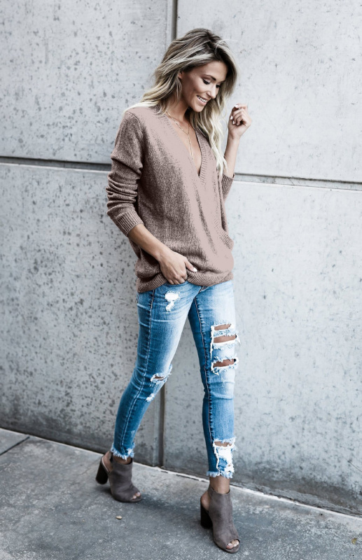 Women's Wool Knitted Long-Sleeved Big V-Neck Long-Sleeved T-Shirt Women's Loose Clothing - Image 7