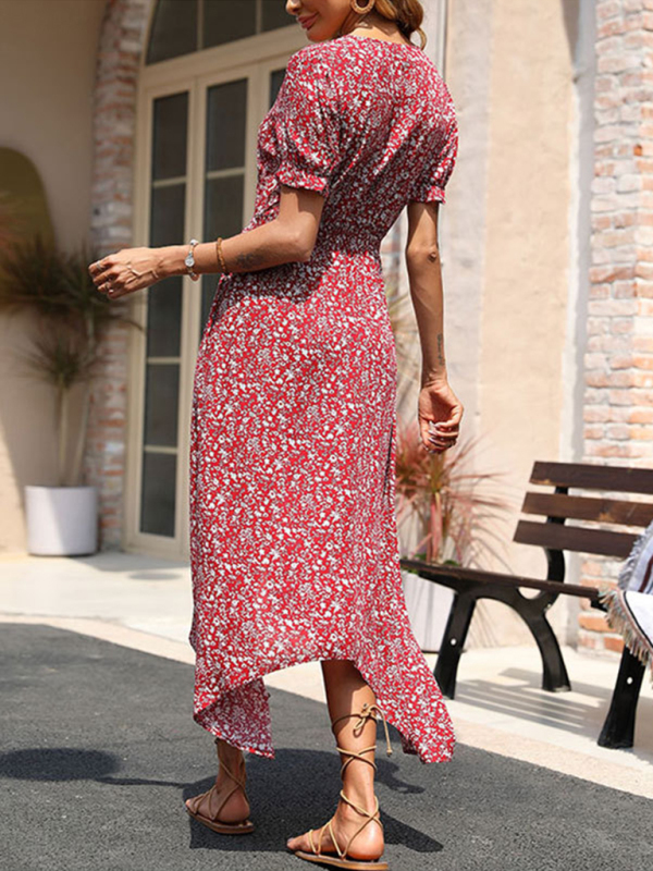 Irregular skirt red temperament retro floral dress - Image 2