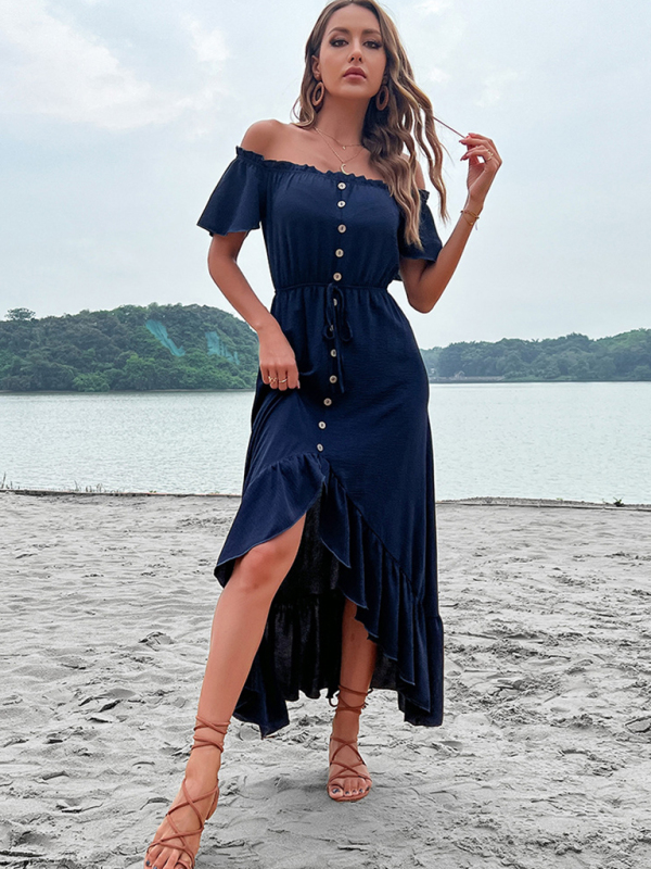Solid Color One Shoulder Skirt Ruffle Irregular Blue Dress - Image 2