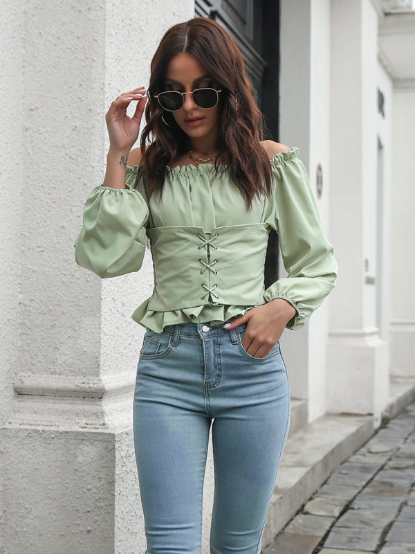 Women's lace up Lantern Sleeve straight neck waist tunic jacket - Image 7