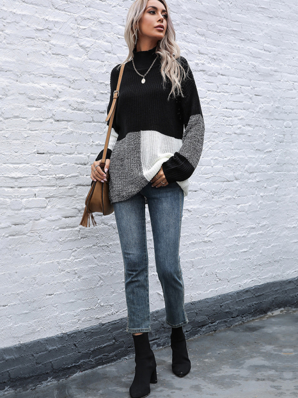 women's colorblock loose turtleneck knitted sweater - Image 2