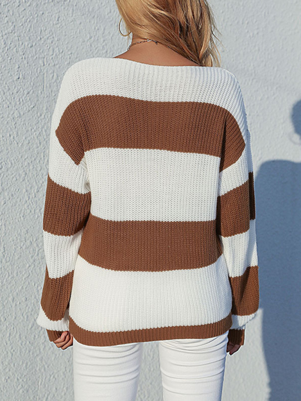 Ladies Pullover Loose Crew Neck Colorblock Sweater - Image 4