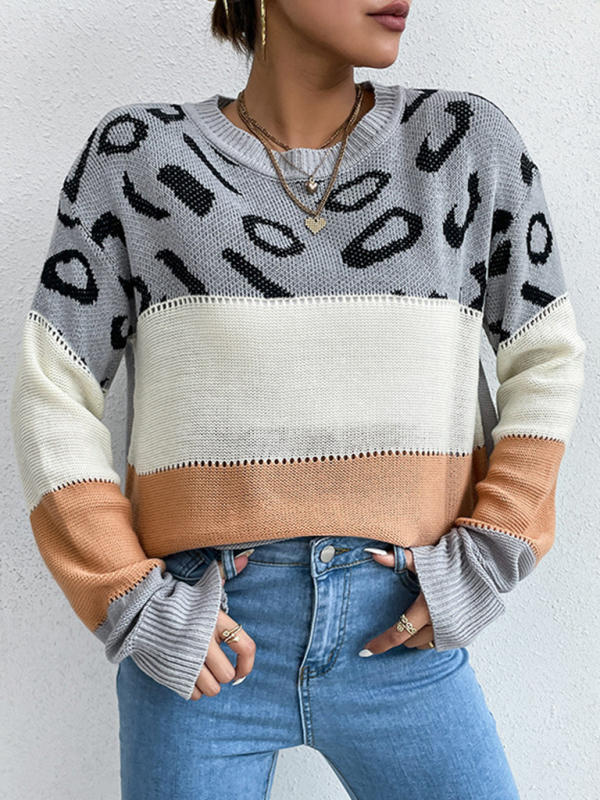 Women's Long Sleeve Leopard Contrast Knit Sweater - Image 2