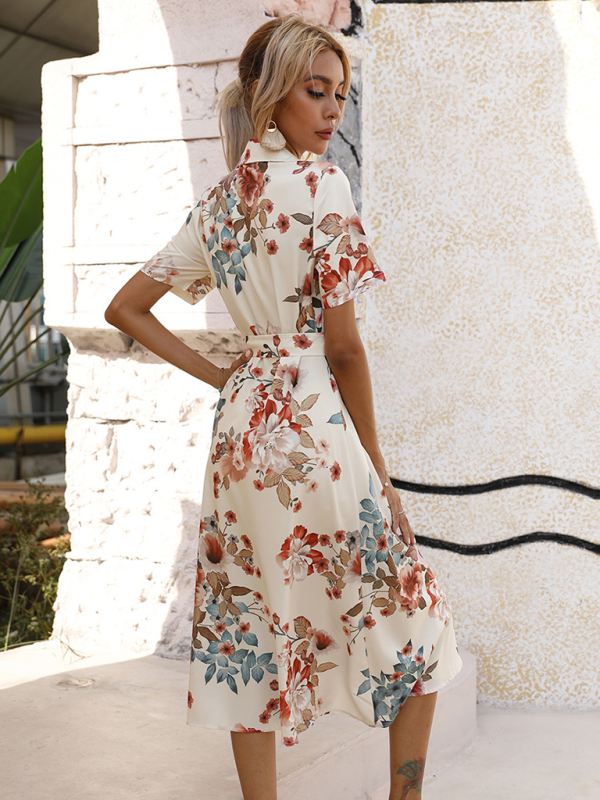 Elegant Floral Lapel Collar Knit Vacation Dress for Women - Image 9