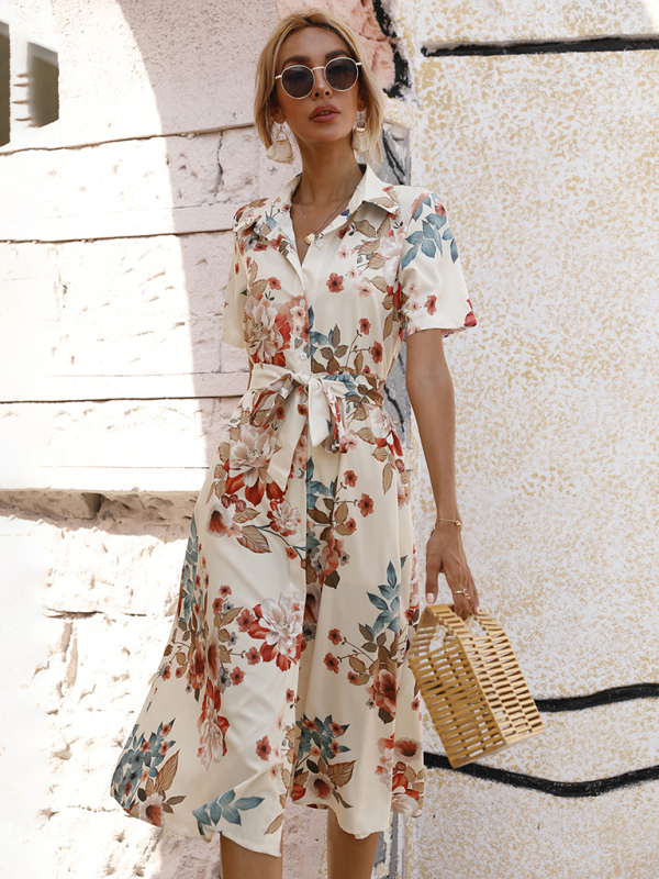 Elegant Floral Lapel Collar Knit Vacation Dress for Women - Image 8