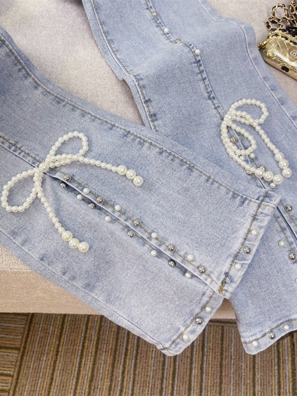 Women's new fashionable and versatile slit heavy beaded straight-leg micro-flared trousers - Image 2