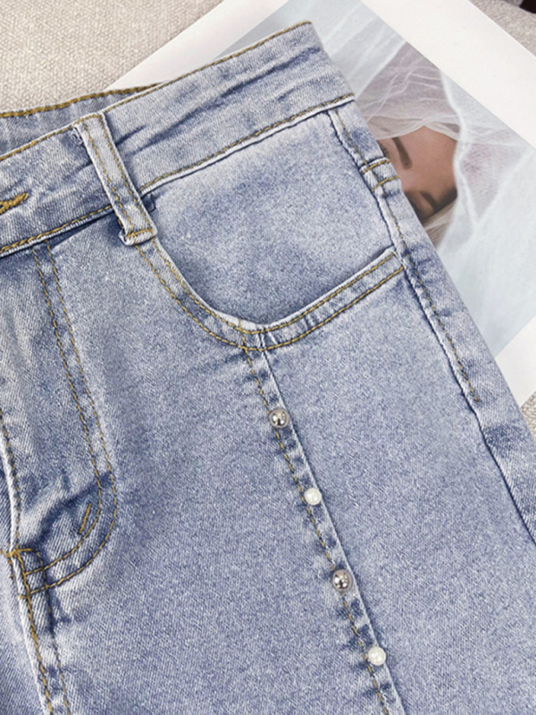 Women's new fashionable and versatile slit heavy beaded straight-leg micro-flared trousers - Image 3