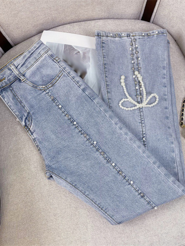 Women's new fashionable and versatile slit heavy beaded straight-leg micro-flared trousers - Image 5