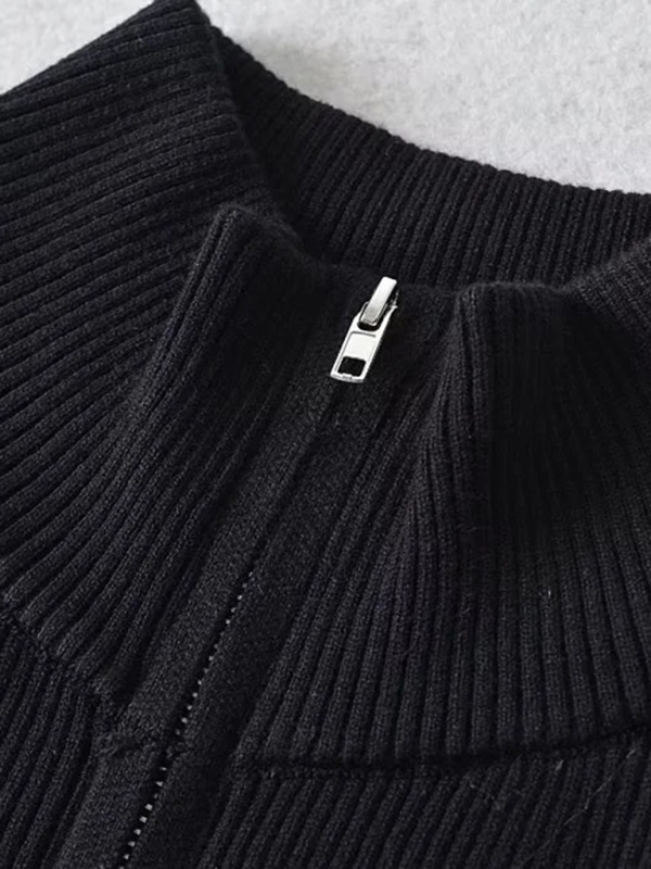 Women's new double-ended zipper striped waisted curved long-sleeved knitted cardigan jacket - Image 9