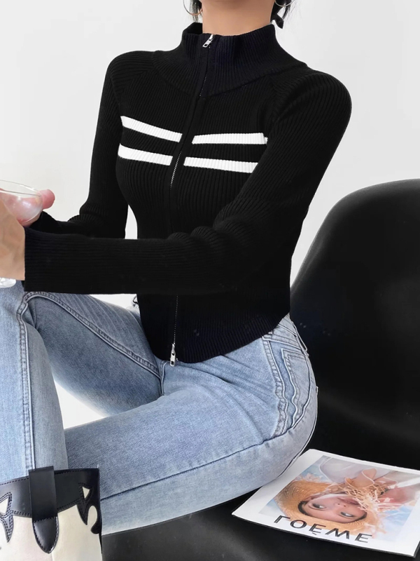 Women's new double-ended zipper striped waisted curved long-sleeved knitted cardigan jacket - Image 11