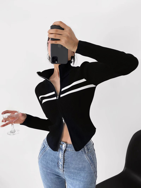 Women's new double-ended zipper striped waisted curved long-sleeved knitted cardigan jacket - Image 2