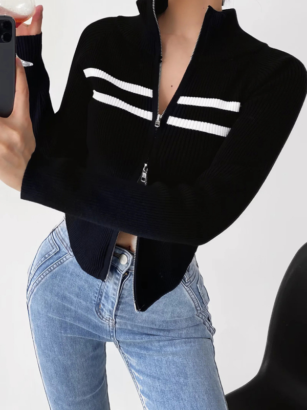 Women's new double-ended zipper striped waisted curved long-sleeved knitted cardigan jacket - Image 12