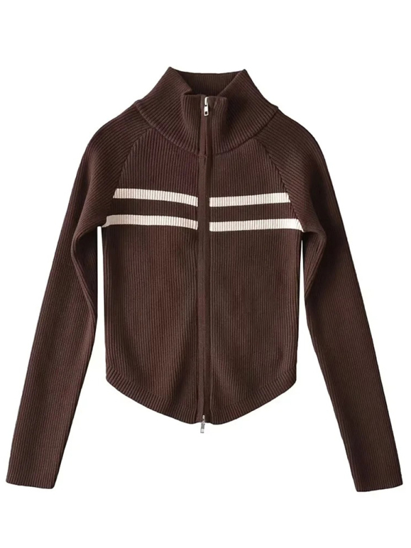 Women's new double-ended zipper striped waisted curved long-sleeved knitted cardigan jacket - Image 14