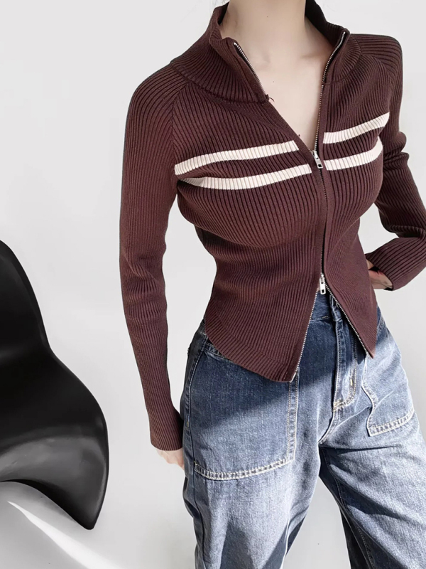 Women's new double-ended zipper striped waisted curved long-sleeved knitted cardigan jacket - Image 15