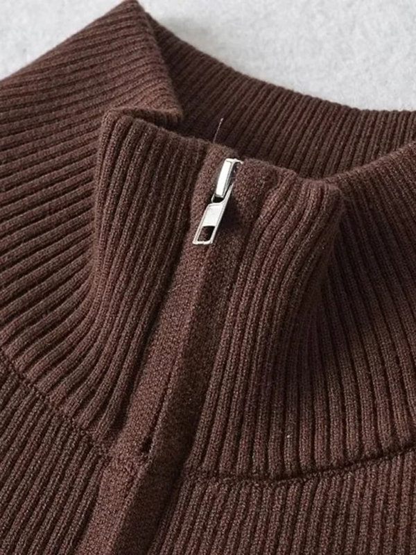 Women's new double-ended zipper striped waisted curved long-sleeved knitted cardigan jacket - Image 13