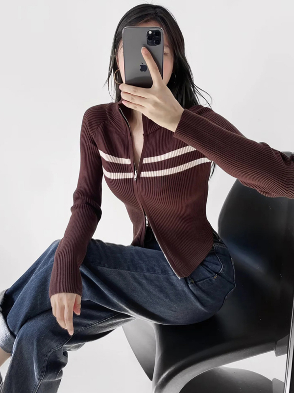 Women's new double-ended zipper striped waisted curved long-sleeved knitted cardigan jacket - Image 16