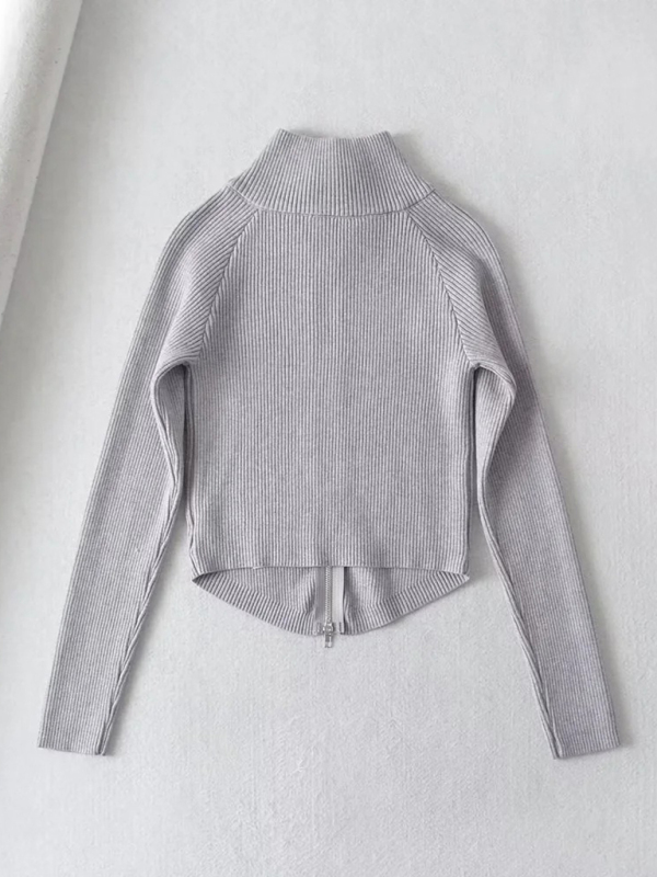 Women's new double-ended zipper striped waisted curved long-sleeved knitted cardigan jacket - Image 20