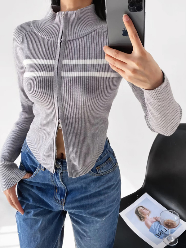 Women's new double-ended zipper striped waisted curved long-sleeved knitted cardigan jacket - Image 4