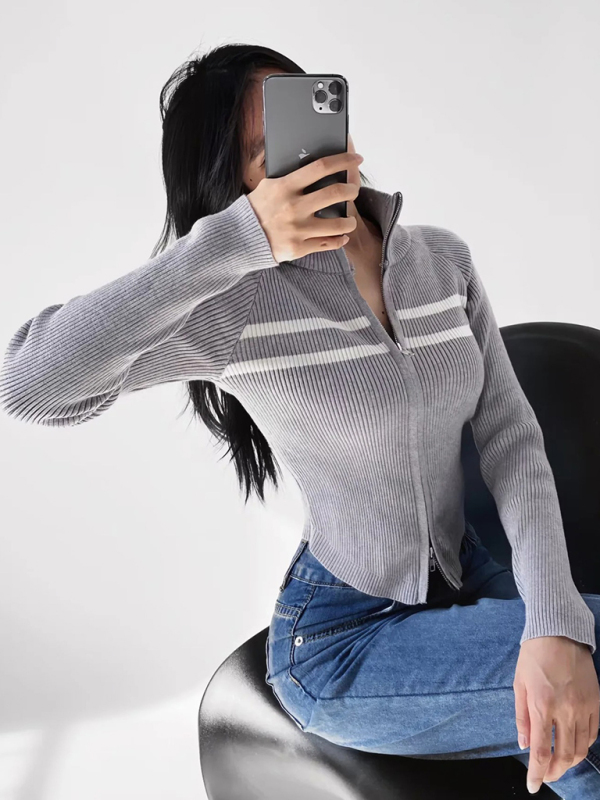 Women's new double-ended zipper striped waisted curved long-sleeved knitted cardigan jacket - Image 18