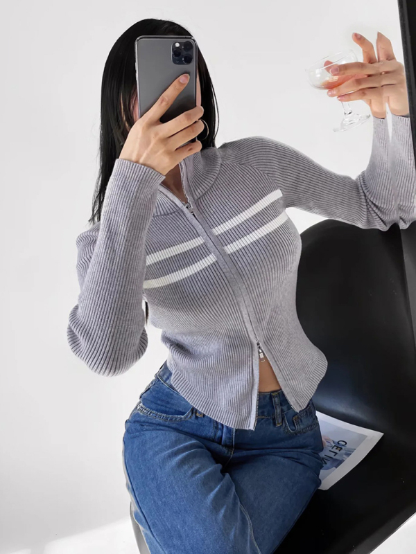 Women's new double-ended zipper striped waisted curved long-sleeved knitted cardigan jacket - Image 17