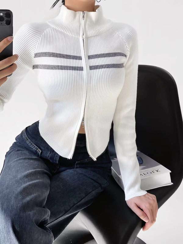 Women's new double-ended zipper striped waisted curved long-sleeved knitted cardigan jacket - Image 7