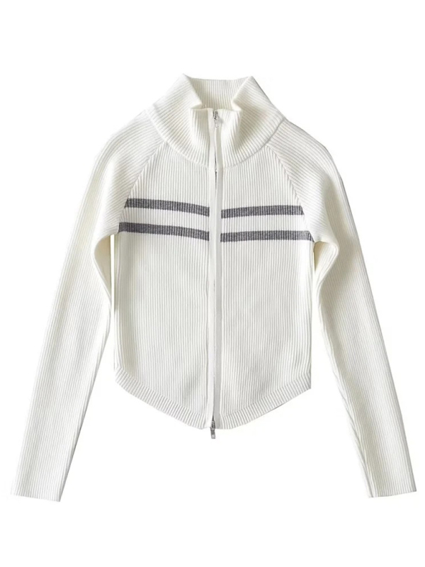 Women's new double-ended zipper striped waisted curved long-sleeved knitted cardigan jacket - Image 6