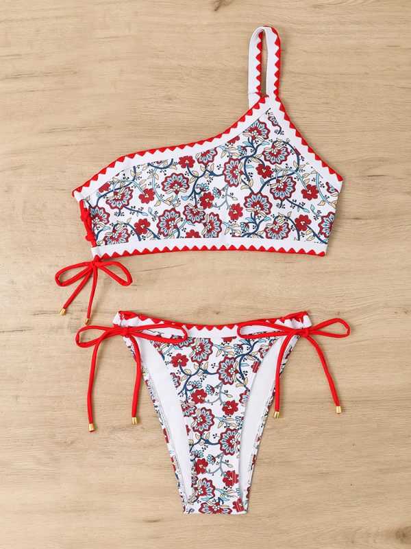 New one-shoulder small fresh printed split triangle lace-up adjustable sexy bikini - Image 5