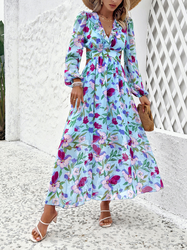 New women's V-neck ruffled waist hollow holiday casual printed dress - Image 3