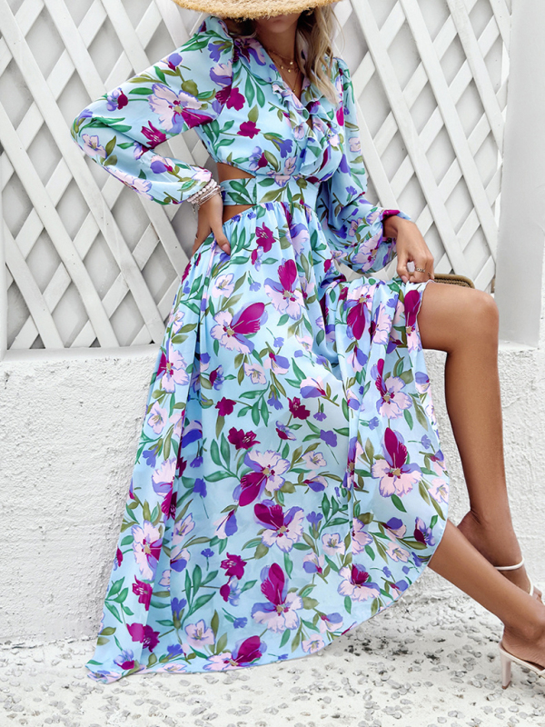 New women's V-neck ruffled waist hollow holiday casual printed dress - Image 16