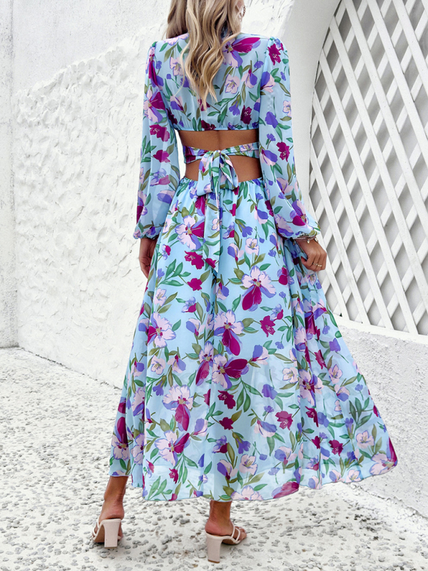 New women's V-neck ruffled waist hollow holiday casual printed dress - Image 13