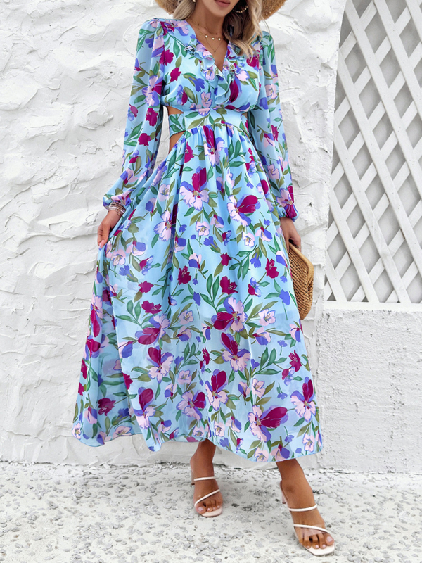 New women's V-neck ruffled waist hollow holiday casual printed dress - Image 14