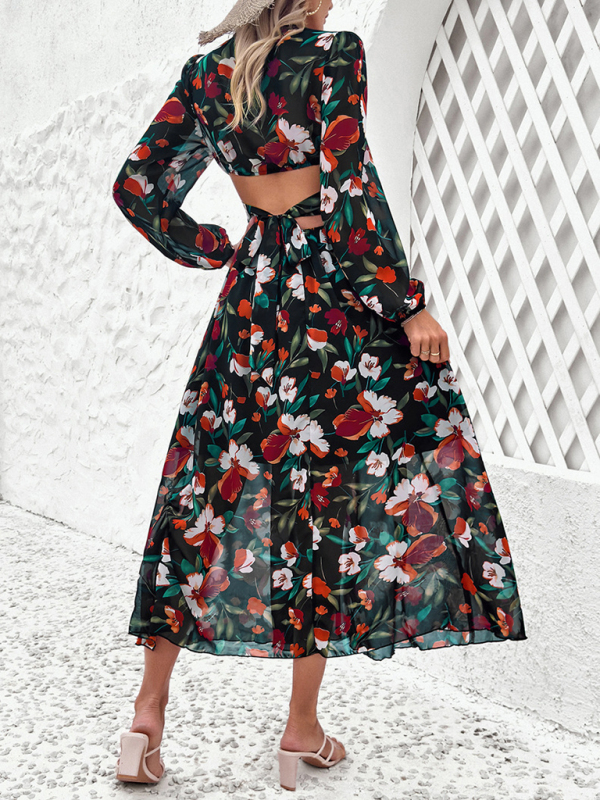 New women's V-neck ruffled waist hollow holiday casual printed dress - Image 19