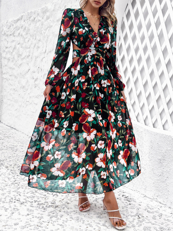 New women's V-neck ruffled waist hollow holiday casual printed dress - Image 20