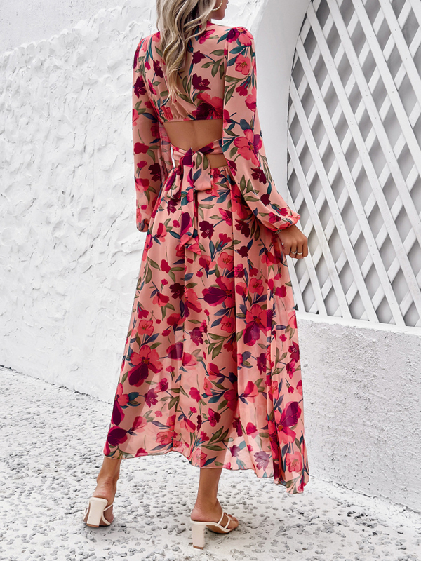 New women's V-neck ruffled waist hollow holiday casual printed dress - Image 8