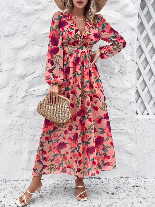 New women's V-neck ruffled waist hollow holiday casual printed dress - Image 5