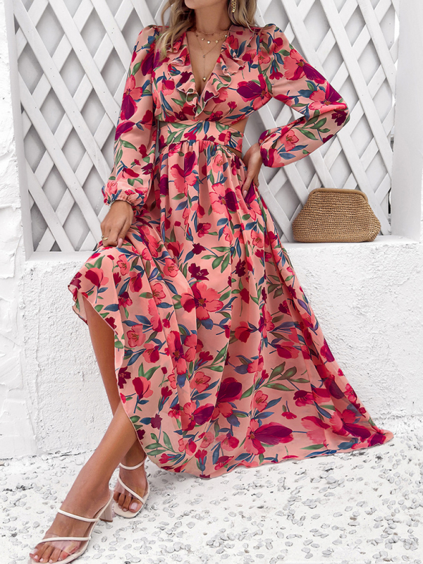 New women's V-neck ruffled waist hollow holiday casual printed dress - Image 7