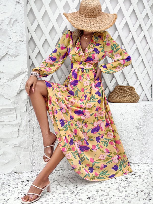 New women's V-neck ruffled waist hollow holiday casual printed dress - Image 11