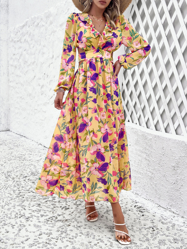 New women's V-neck ruffled waist hollow holiday casual printed dress - Image 12