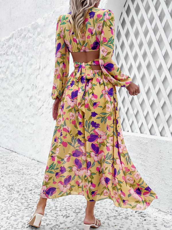 New women's V-neck ruffled waist hollow holiday casual printed dress - Image 9